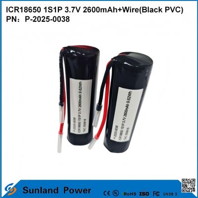 충전식 ICR18650 1S1P 3.7V 2600MAH + 케이블 (블랙 PVC) 배터리