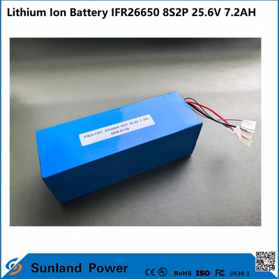 IFR26650 8S2P 25.6V 7.2Ah LiFePO₄ 배터리 팩은 태양광 추적 시스템, 통신 백업 전원 공급 장치, 휴대용 기기 및 소형 AGV에 널리 사용됩니다.